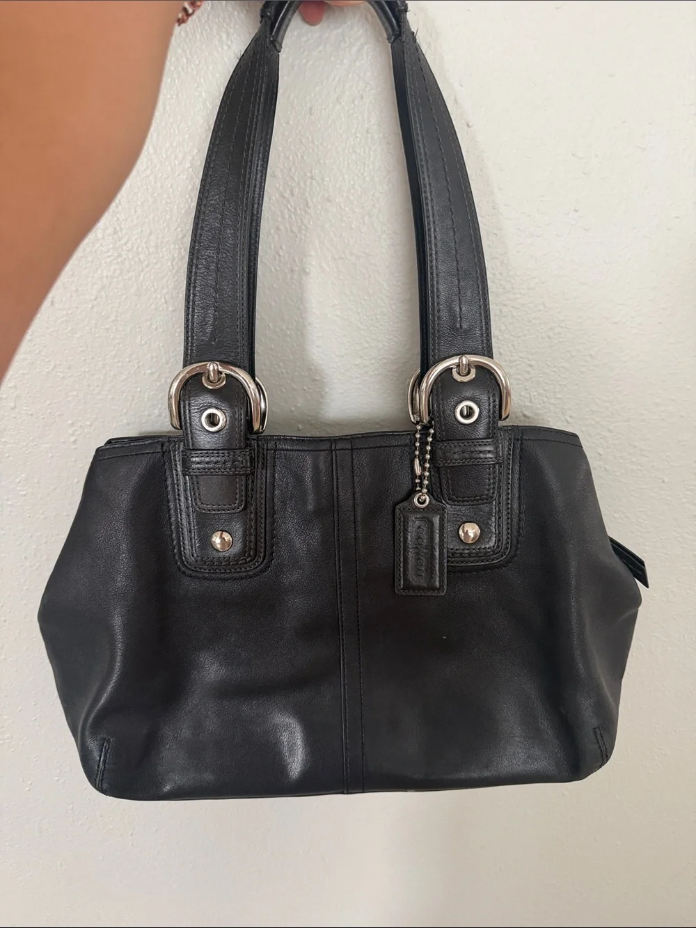Classic Black Leather Hobo Tote with Silver Accents